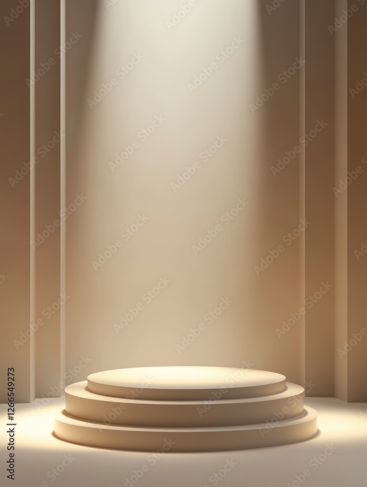 Poster a round podium is located in the center of an empty room, illuminated by soft light from above.