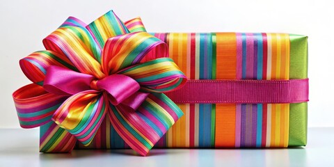 Colorful festive gift ribbon with a large bow tied around a present, bow
