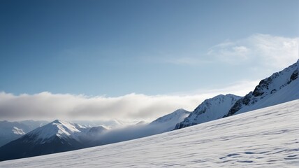skiers on a snowy mountain slope with a blue sky in the background