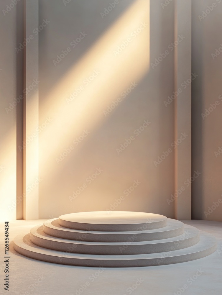 Poster a round podium is located in the center of an empty room, illuminated by soft light from above.