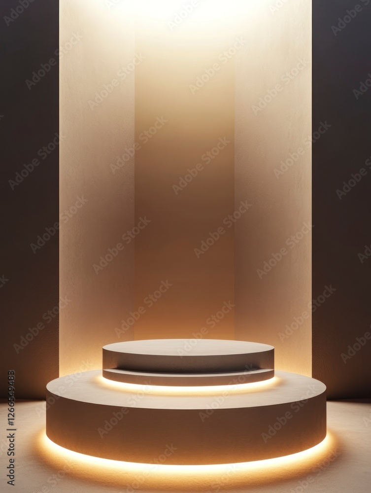 Poster a round podium is located in the center of an empty room, illuminated by soft light from above.