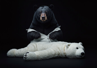 黒いクマが白クマ（ホッキョクグマ）の着ぐるみを脱いでいるユニークなイメージ