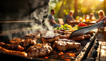 Fototapeta premium Grilling Juicy Burgers and Sausages Outdoors Summer Bbq