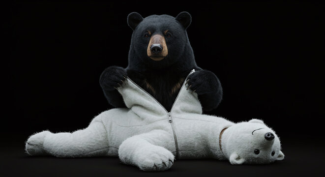 黒いクマが白クマ（ホッキョクグマ）の着ぐるみを脱いでいるユニークなイメージ
