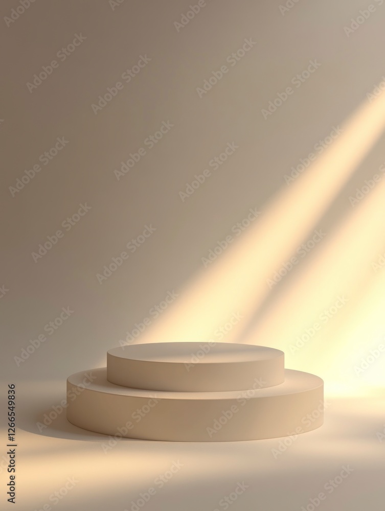 Poster a round podium is located in the center of an empty room, illuminated by soft light from above.