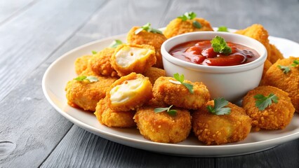Crispy golden brown nuggets with melted cheese and chili sauce on a white plate, fried, nugget,  fried, nugget