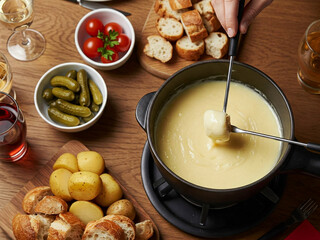 fondue, Switzerland, cheese, bread, fondue pot, fork, dipping, wooden table, checkered tablecloth, cozy atmosphere, tradition, Swiss village, warm light, rich, golden, bubbling, nutmeg, centered shot,