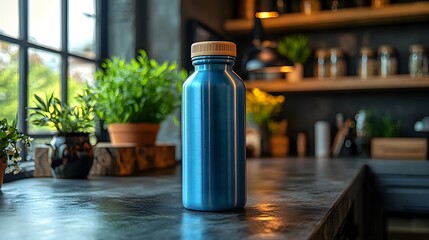 Modern reusable water bottle with a sleek minimalist design placed on a blurred countertop background ideal for a health or lifestyle brand to showcase their sustainable and eco friendly product