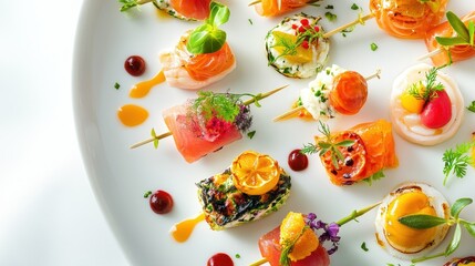 Assorted exotic appetizers with vivid ingredients, vibrant accents on a white minimalist plate. 