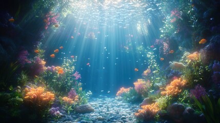 Obraz premium An underwater scene with glowing coral reefs, schools of fish, bioluminescent plantsand sparkling lights creating a magical New Year backdrop