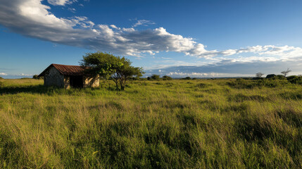 Obraz premium Abandoned building in vast green field under blue sky