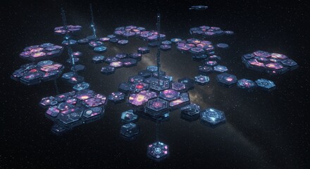 Floating hexagonal panels with shifting digital patterns – high-tech surfaces displaying ever-changing data