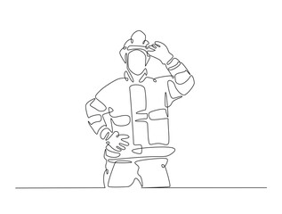 Continuous line art drawing of firefighter with uniform. Fireman single line art drawing vector illustration. Editable stroke.