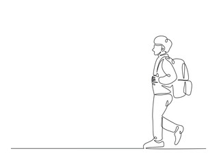 Continuous line art drawing of student wearing backpack. Kid with schoolbag line art drawing vector illustration. Editable stroke.