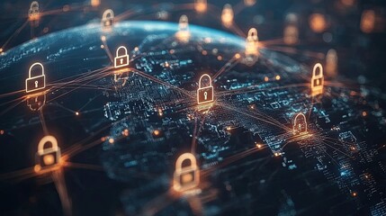 Global network security concept featuring Earth with interconnected lines and padlock icons, symbolizing cybersecurity, data protection, and the importance of secure networks in a digital-first world.