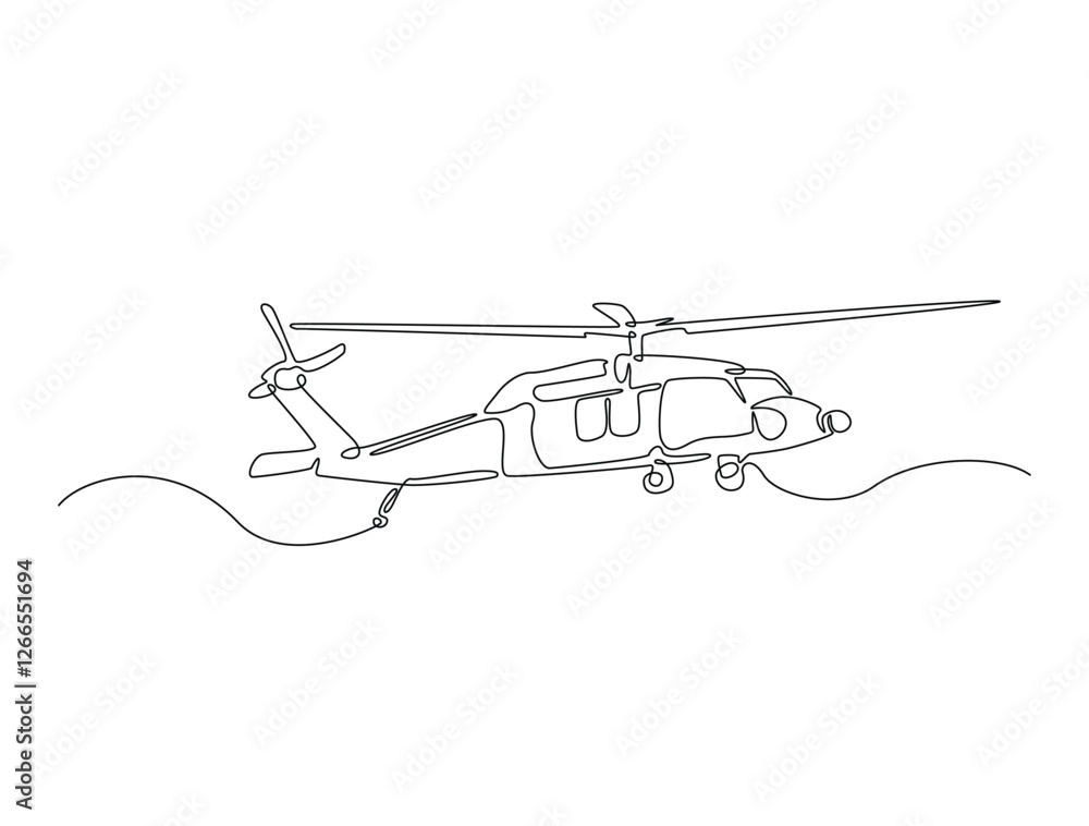 Wall mural Continuous line art drawing of helicopter air transportation. Helicopter flight line art drawing vector illustration. Editable stroke.