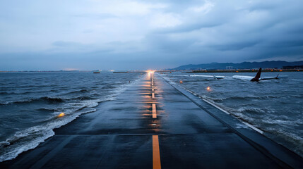 flooded airport runway surrounded by turbulent seawater