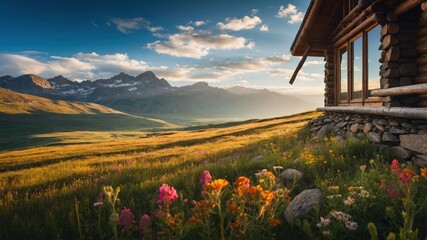 Scenic mountain landscape with a wooden cabin and vibrant wildflowers in the foreground.