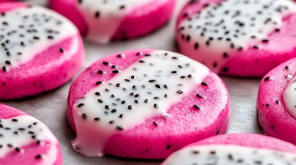 Fototapeta premium Close-up of Pink Dragon Fruit Bites with Creamy White Topping