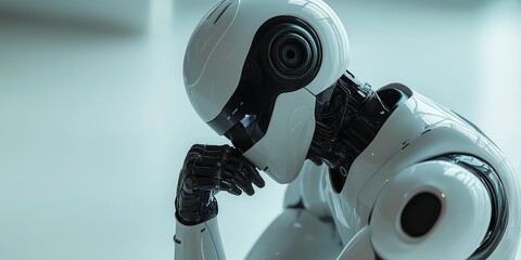 Reflective AI robot deep in thought with futuristic cybernetic processing power
