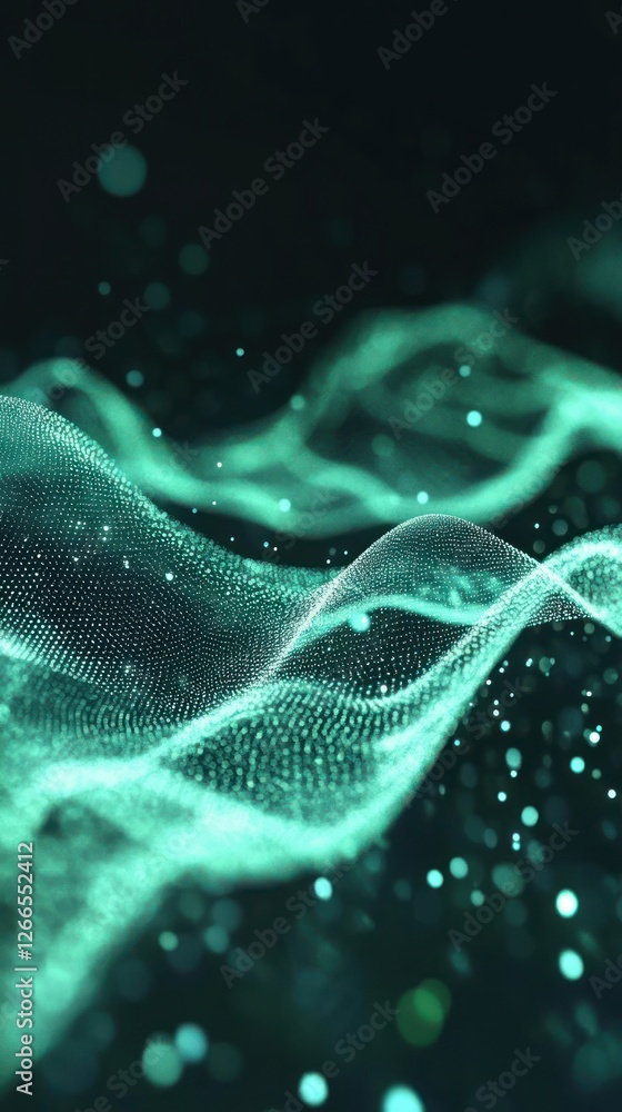 Aufkleber abstract representation of flowing digital waves with luminous particles in a dark background, creat