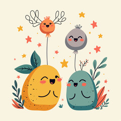 Cute and quirky illustration featuring playful, exaggerated characters and whimsical elements