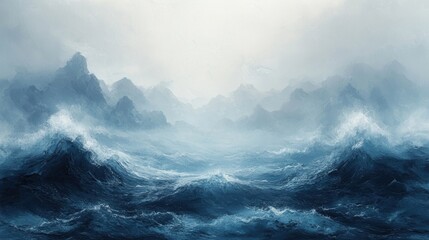 A dramatic seascape featuring turbulent waves and distant mountains.