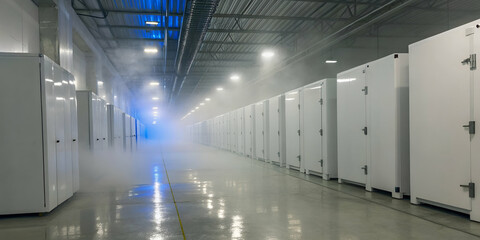 Modern Data Center Hallway With White Equipment And Blue Lighting. Futuristic