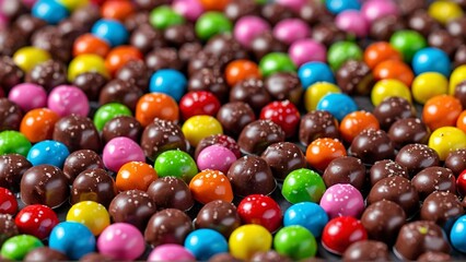Vibrant assortment of colorful coated chocolates creating a festive pattern