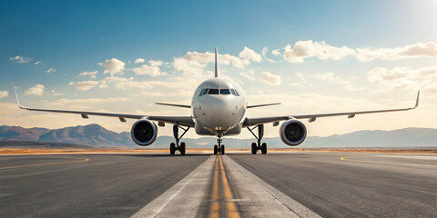 Fototapeta premium Passenger Airplane Awaiting Takeoff At Airport Runway Under Cloudy Sky And