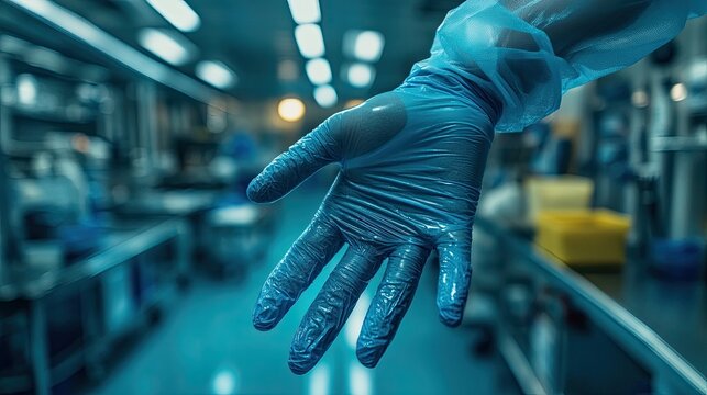 Gloved hand of medical professional reaching out, symbolizing healthcare, compassion, and advanced medical services, perfect for healthcare ads, medical technology, and compassionate care visuals.