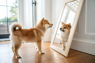 Adorable Shiba Inu Dog Standing Before Mirror with Reflection in Home Interior