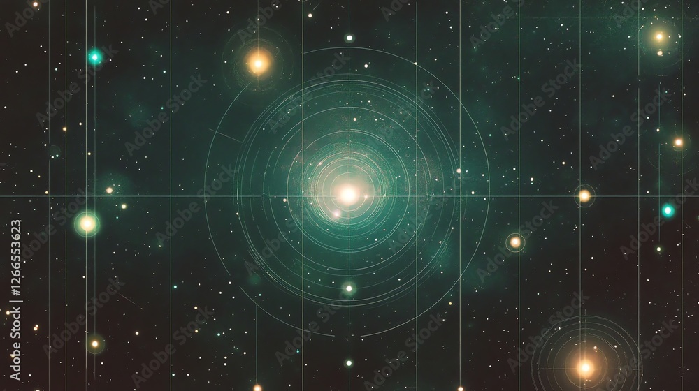 Poster abstract galaxy space art with circular design and starry background