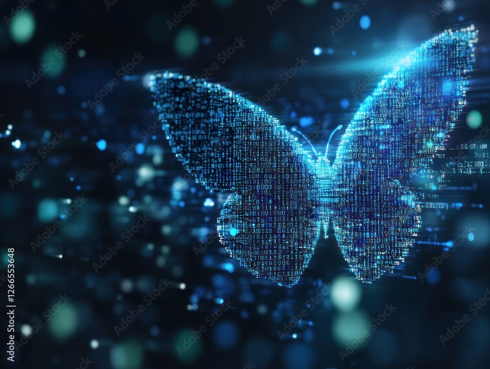 Poster digital butterfly with binary code in abstract space
