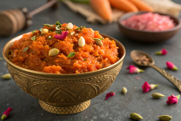 Carrot Halwa In Ornate Golden Bowl, Indian Dessert With Nuts And Rose