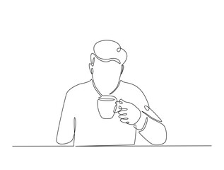 Continuous line art drawing of man drinking coffee. Young man enjoy the drink line art drawing vector illustration. Editable stroke.