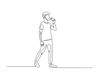 Continuous line art drawing of man drinking coffee. Young man enjoy the drink line art drawing vector illustration. Editable stroke.