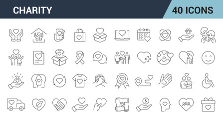 Charity Line Editable Icons Set. Friendship, Love, Care, Volunteer, Donation, Helping Hands and More. Vector Illustrations.