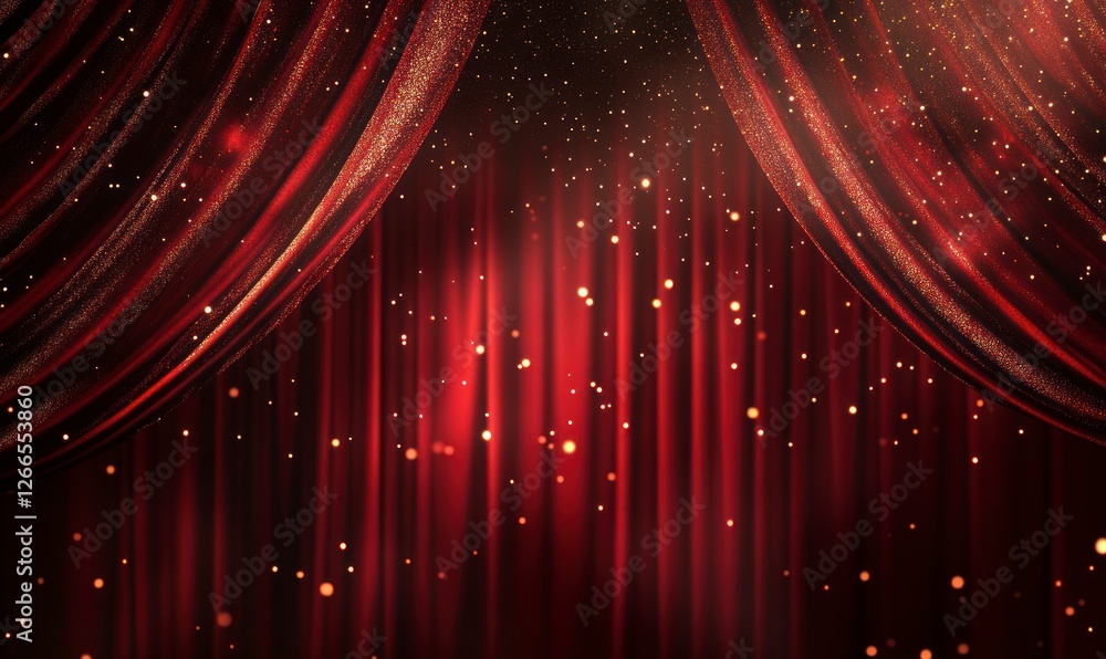 Poster red stage curtain with a spotlight. the background is dark red, with some lights shining on the curt