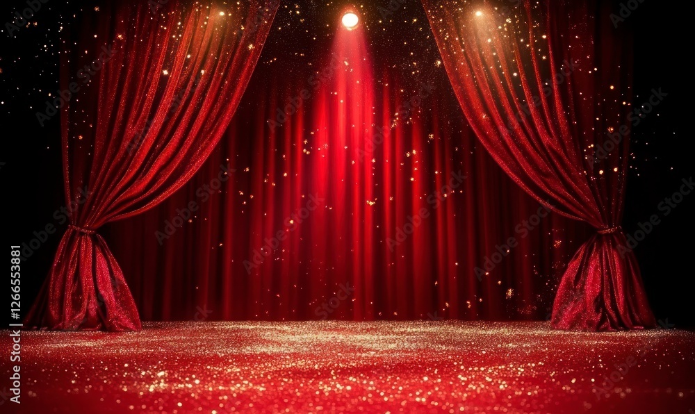 Poster red stage curtain with a spotlight. the background is dark red, with some lights shining on the curt