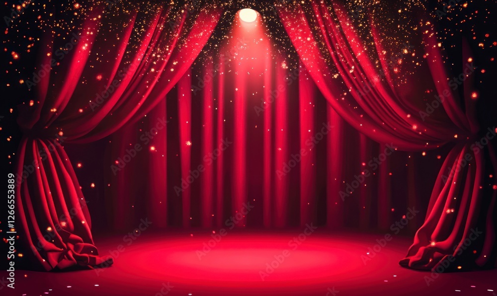 Poster red stage curtain with a spotlight. the background is dark red, with some lights shining on the curt
