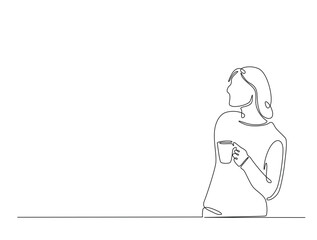 Continuous line art drawing of woman drinking coffee. Young lady enjoy the drink line art drawing vector illustration. Editable stroke.