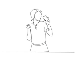 Continuous line art drawing of woman drinking coffee. Young lady enjoy the drink line art drawing vector illustration. Editable stroke.