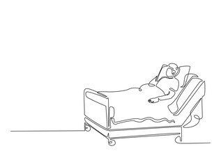 Continuous line art drawing of hospital patient in ward. Person lying in hospital bed line art drawing vector illustration. Editable stroke.
