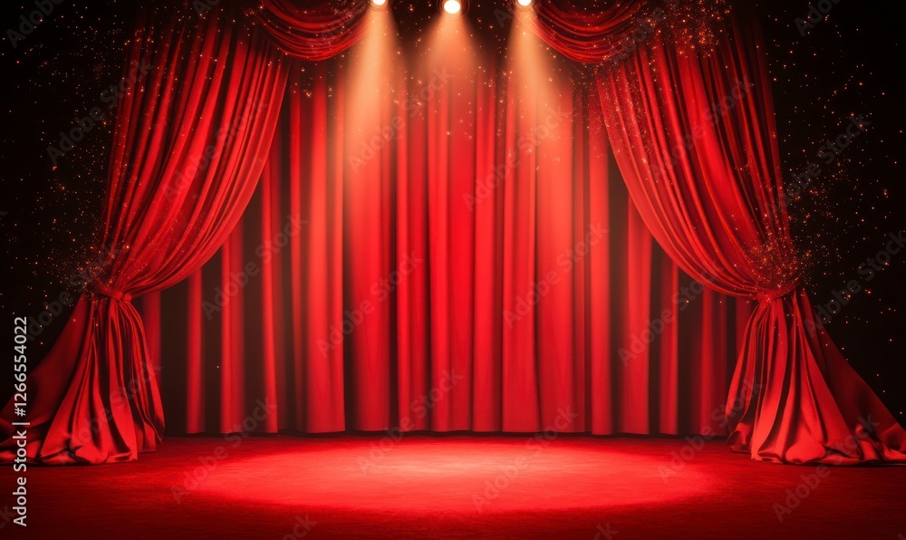 Poster red stage curtain with a spotlight. the background is dark red, with some lights shining on the curt