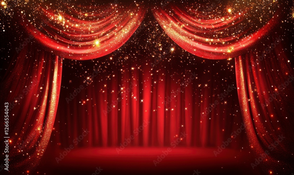 Poster red stage curtain with a spotlight. the background is dark red, with some lights shining on the curt