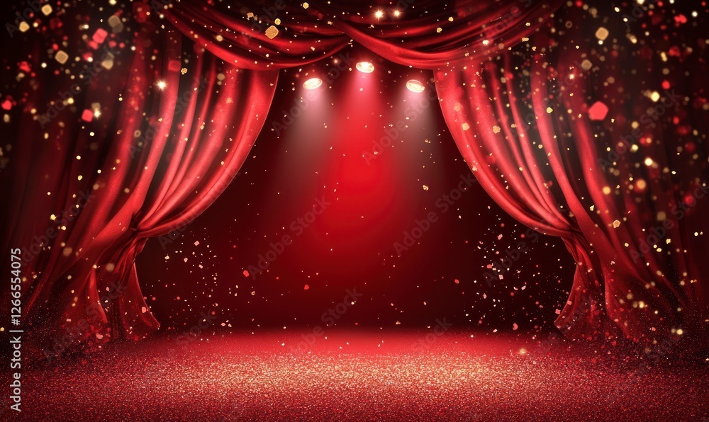 Poster red stage curtain with a spotlight. the background is dark red, with some lights shining on the curt