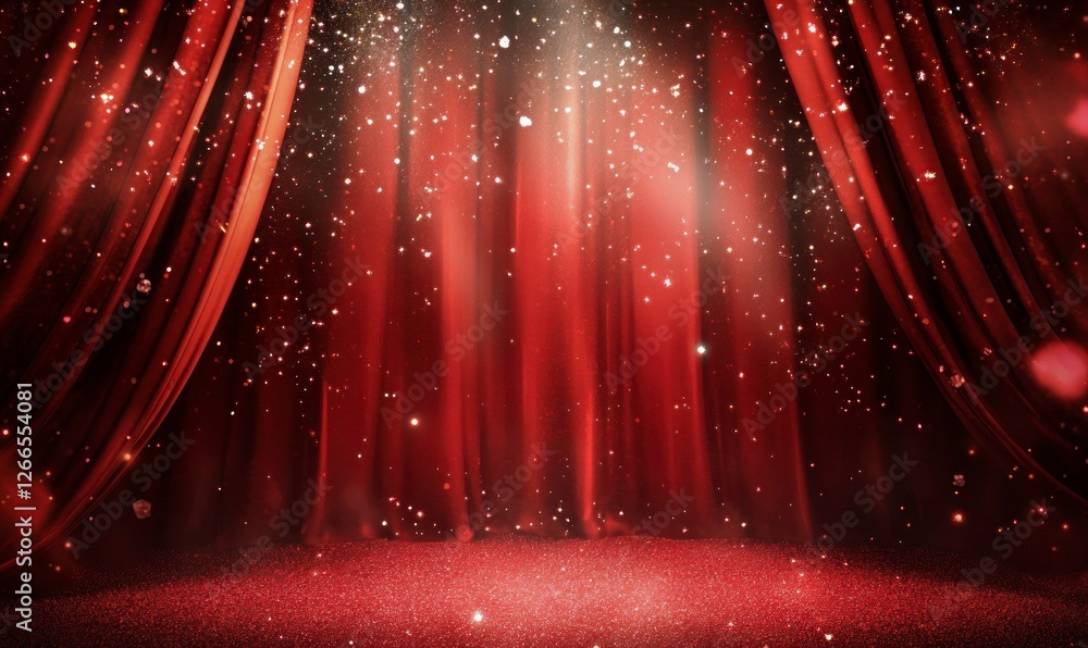 Poster red stage curtain with a spotlight. the background is dark red, with some lights shining on the curt