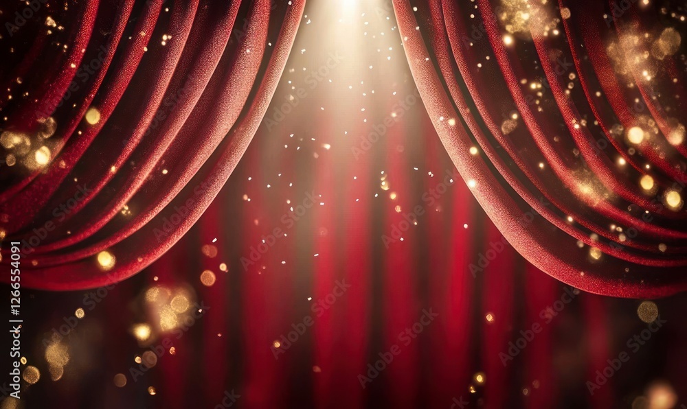 Poster red stage curtain with a spotlight. the background is dark red, with some lights shining on the curt