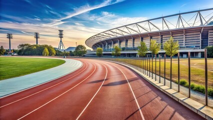 A long stretch of cycling track with an Olympic stadium in the background